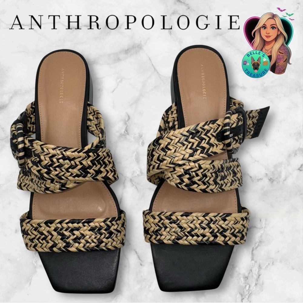 Anthropologie Womens 9.5 US Mule Black Tan Braided Block Heel Slip On Sandals
